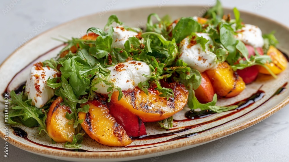 Grilled Peach and Burrata Salad with Arugula and Balsamic Glaze on Ceramic Plate Grilled Peach and Burrata Salad with Arugula and Balsamic Glaze on Ceramic Plate