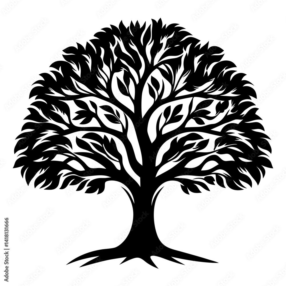 Obraz premium Monochrome silhouette of a lush tree with intricate branches and leaves