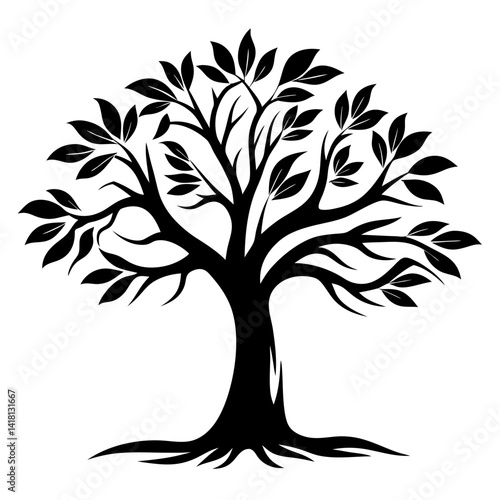 Monochrome vector illustration of a flourishing tree with many branches and leaves