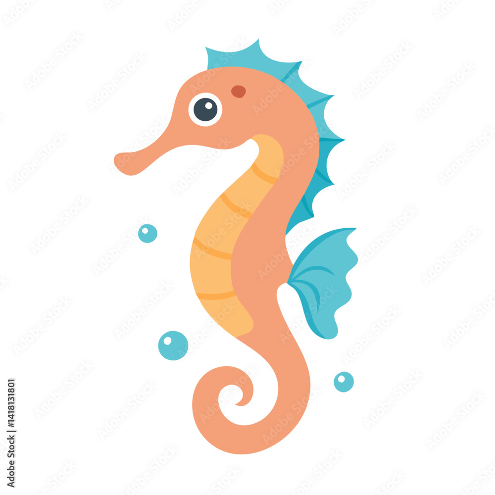 Naklejka premium Cute Cartoon Seahorse Illustration with Bubbles on Black