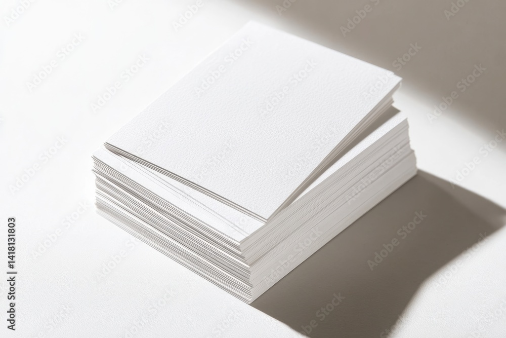 A neatly stacked pile of thick, textured white paper sheets, illuminated by a soft light. A neatly stacked pile of thick, textured white paper sheets, illuminated by a soft light.