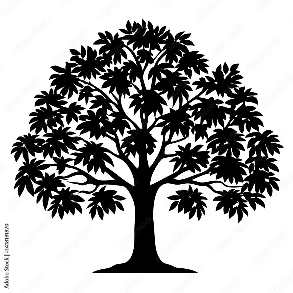 Obraz premium Black and white silhouette of a broadleaf deciduous tree in full foliage