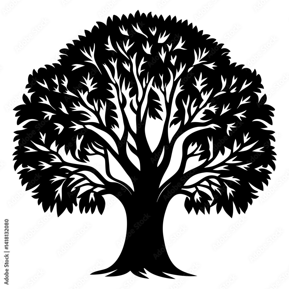 Obraz premium Silhouette of a flourishing tree with a dense canopy and intricate branches