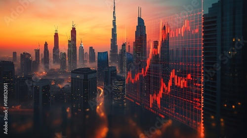 A modern cityscape at sunrise, overlaid with financial market data