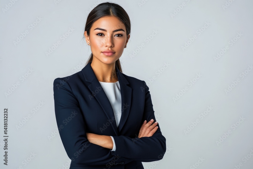 Confident businesswoman with arms crossed, portrait against a light gray background. Confident businesswoman with arms crossed, portrait against a light gray background.