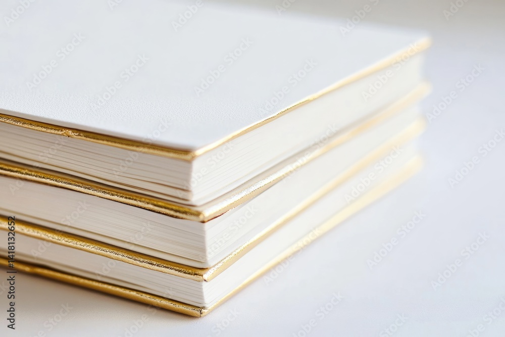 Three elegant white books with gold edges stacked neatly on a white surface. Three elegant white books with gold edges stacked neatly on a white surface.
