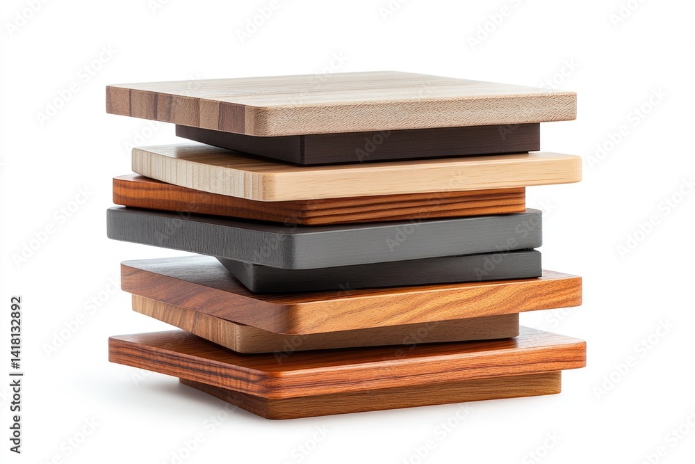 A stack of square wooden samples showcasing various wood types and finishes. A stack of square wooden samples showcasing various wood types and finishes.