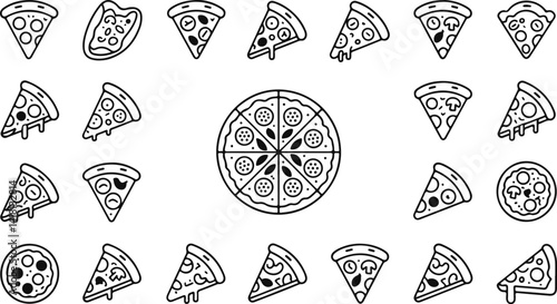 A collection of 20 beautifully illustrated pizza slices and whole pizza pie for food lovers and restaurants