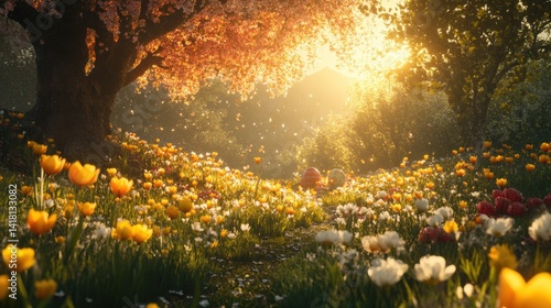 Colorful eggs in meadow