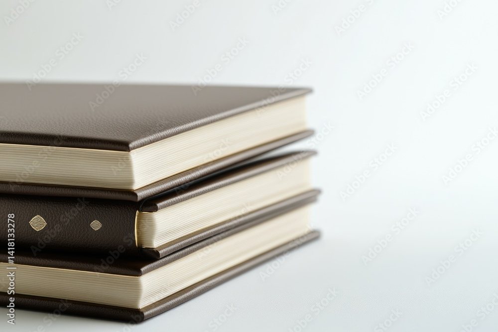 Three brown leather-bound books stacked neatly, showcasing elegant design and craftsmanship. Three brown leather-bound books stacked neatly, showcasing elegant design and craftsmanship.