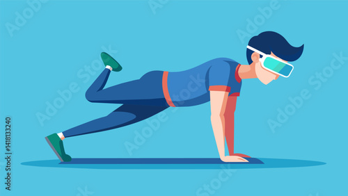 A user performing plank exercises while VR technology provides an immersive experience by placing them on a surfboard testing their core stability and. Vector illustration