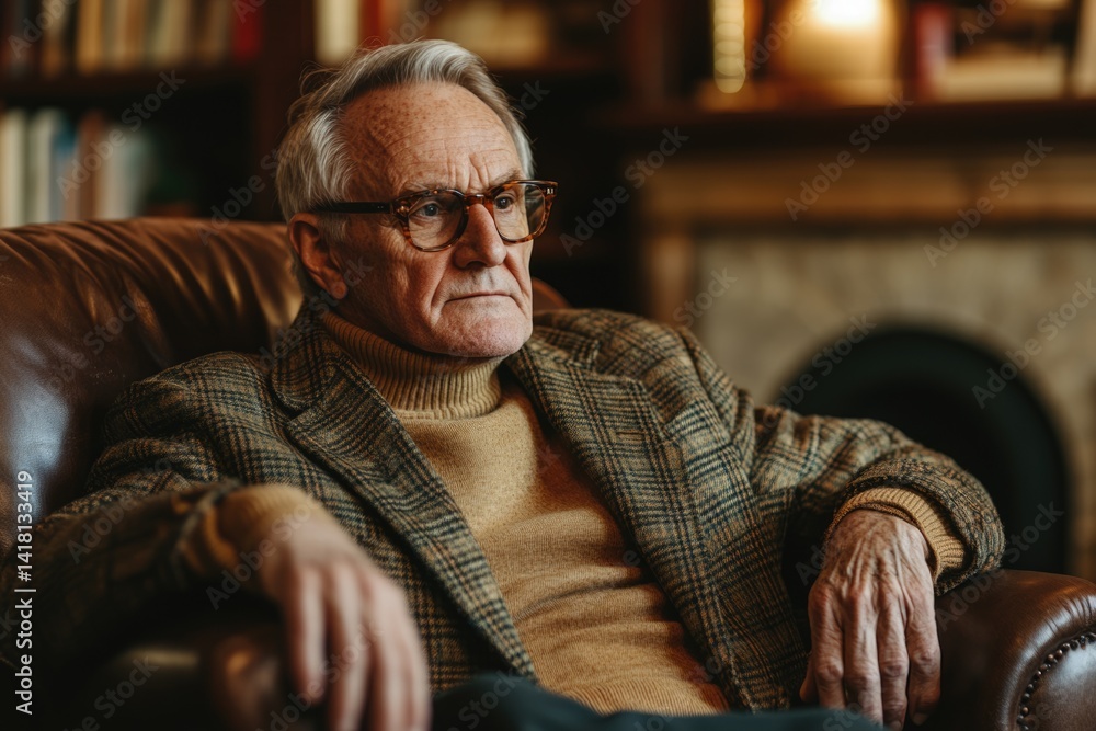 Obraz premium Thoughtful elderly gentleman in glasses sits in a leather chair, lost in contemplation.