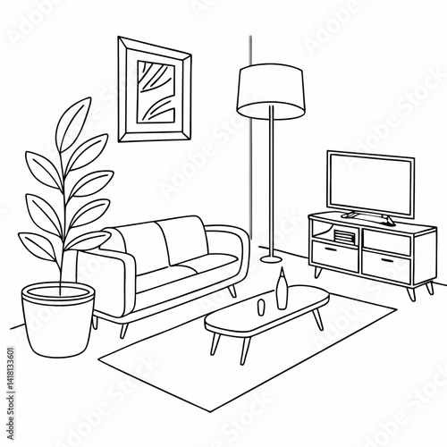 Continuous line interior with sofa, plant and lamp. One line drawing of Living room with modern furniture editable stroke. Single line. Handdraw contour. Flower in pot. Doodle vector