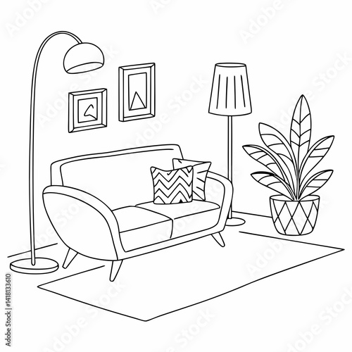 Continuous line interior with sofa, plant and lamp. One line drawing of Living room with modern furniture editable stroke. Single line. Handdraw contour. Flower in pot. Doodle vector