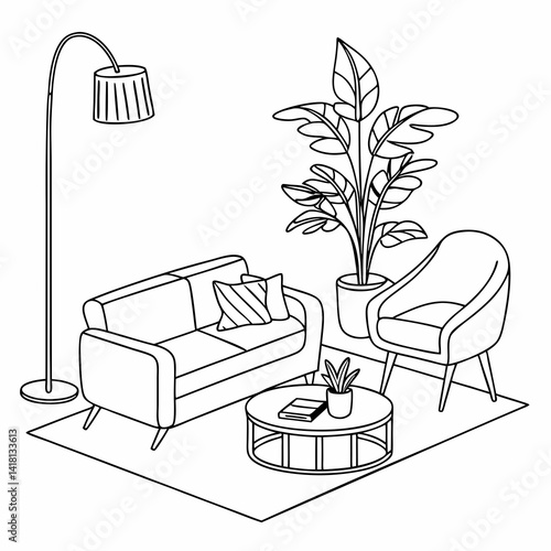 Continuous line interior with sofa, plant and lamp. One line drawing of Living room with modern furniture editable stroke. Single line. Handdraw contour. Flower in pot. Doodle vector