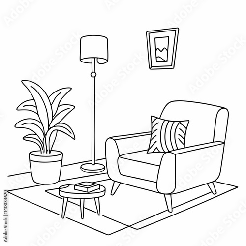 Continuous line interior with sofa, plant and lamp. One line drawing of Living room with modern furniture editable stroke. Single line. Handdraw contour. Flower in pot. Doodle vector