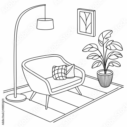 Continuous line interior with sofa, plant and lamp. One line drawing of Living room with modern furniture editable stroke. Single line. Handdraw contour. Flower in pot. Doodle vector