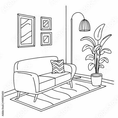 Continuous line interior with sofa, plant and lamp. One line drawing of Living room with modern furniture editable stroke. Single line. Handdraw contour. Flower in pot. Doodle vector