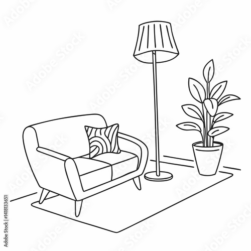 Continuous line interior with sofa, plant and lamp. One line drawing of Living room with modern furniture editable stroke. Single line. Handdraw contour. Flower in pot. Doodle vector