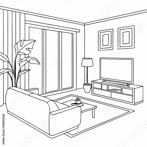 Continuous line interior with sofa, plant and lamp. One line drawing of Living room with modern furniture editable stroke. Single line. Handdraw contour. Flower in pot. Doodle vector