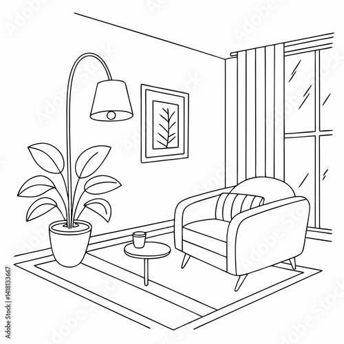 Continuous line interior with sofa, plant and lamp. One line drawing of Living room with modern furniture editable stroke. Single line. Handdraw contour. Flower in pot. Doodle vector
