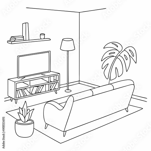 Continuous line interior with sofa, plant and lamp. One line drawing of Living room with modern furniture editable stroke. Single line. Handdraw contour. Flower in pot. Doodle vector