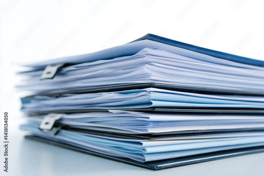 A stack of organized documents in blue binders, representing efficient record-keeping and administrative tasks. A stack of organized documents in blue binders, representing efficient record-keeping and administrative tasks.