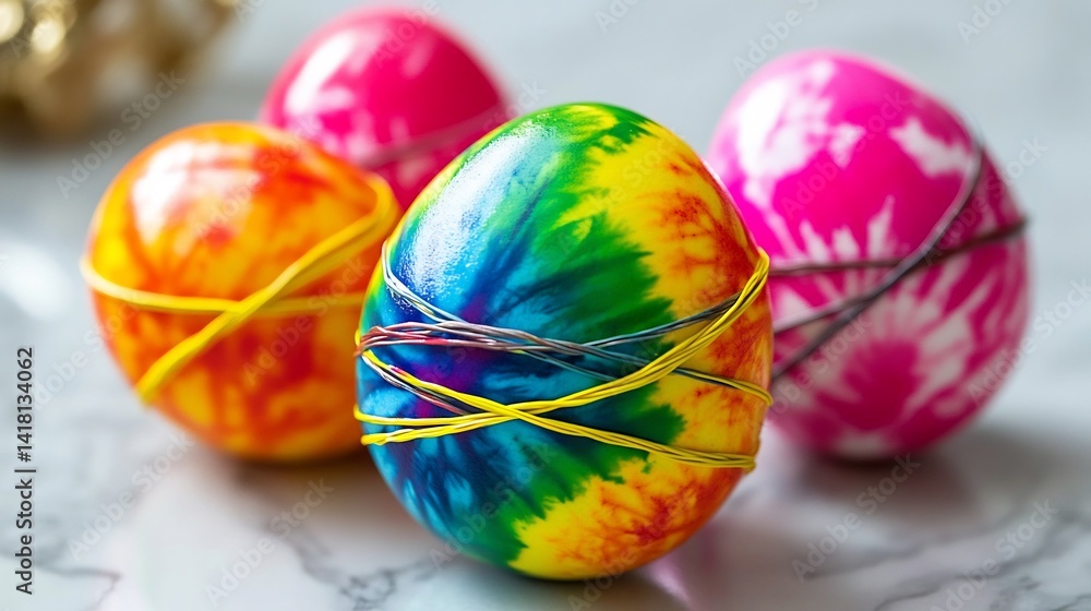 Modern tie dye Easter egg technique with rubber bands Modern tie dye Easter egg technique with rubber bands