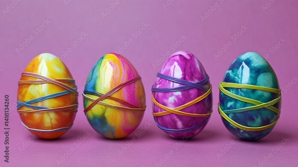 Fototapeta premium Modern tie dye Easter egg technique with rubber bands