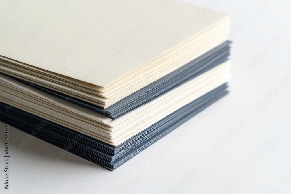 Stack of cream and dark gray paper sheets, neatly arranged on a white surface. Stack of cream and dark gray paper sheets, neatly arranged on a white surface.