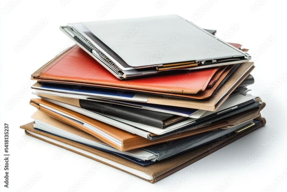 A stack of various notebooks and journals of different sizes and colors, neatly piled on a white background.