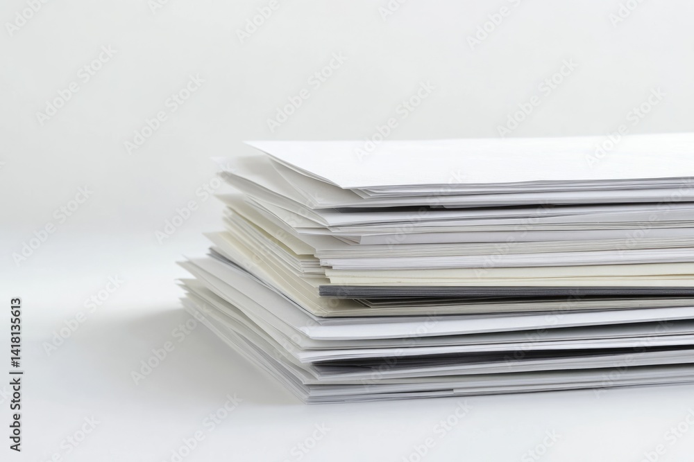 A neatly stacked pile of papers; documents, reports, or printouts. A neatly stacked pile of papers; documents, reports, or printouts.