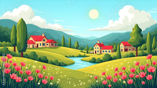 spring landscape with a house