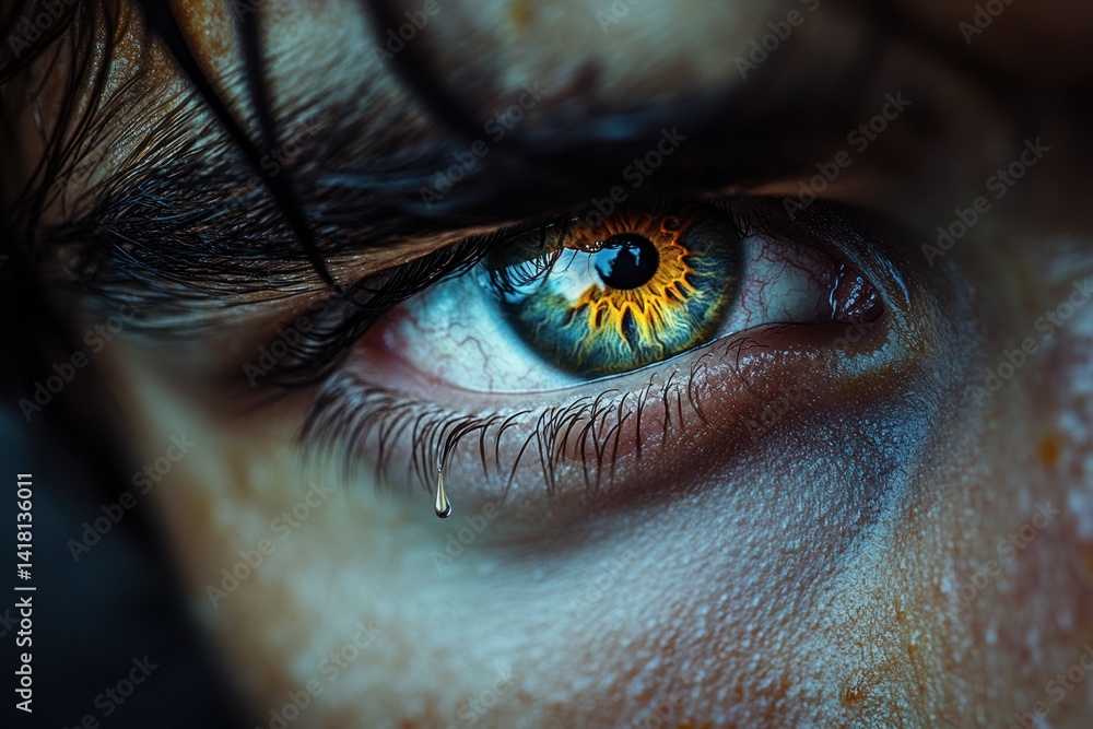 Fototapeta premium A Tear Falling Gently from a Person’s Eye, Reflecting Deep Emotion