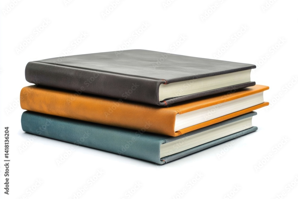 A stack of three hardcover books with different colors and textures, neatly arranged. A stack of three hardcover books with different colors and textures, neatly arranged.