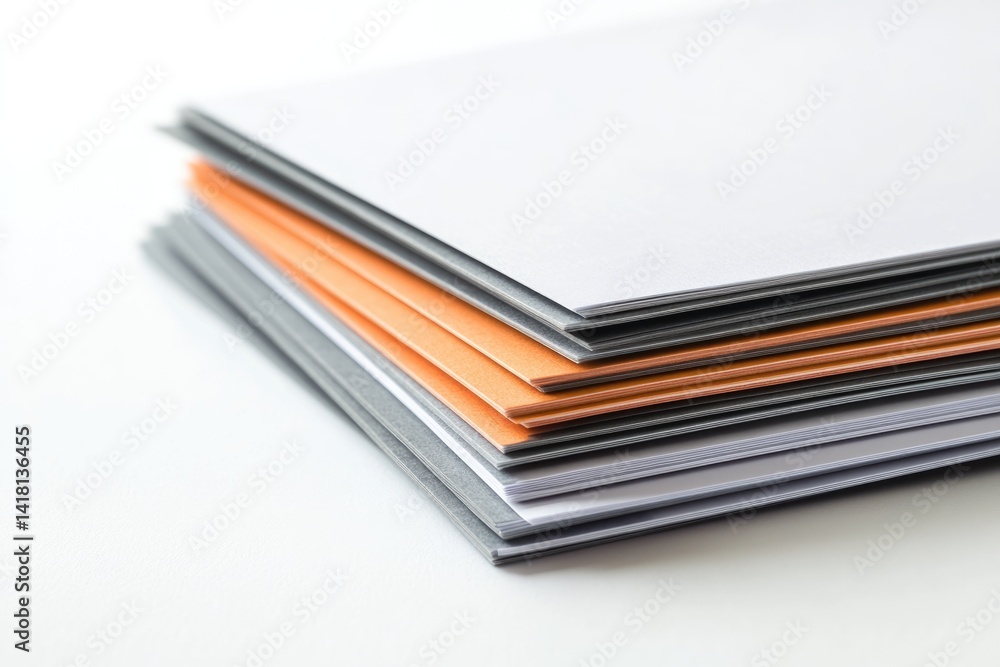 A stack of papers in gray, orange, and white, neatly arranged. A stack of papers in gray, orange, and white, neatly arranged.