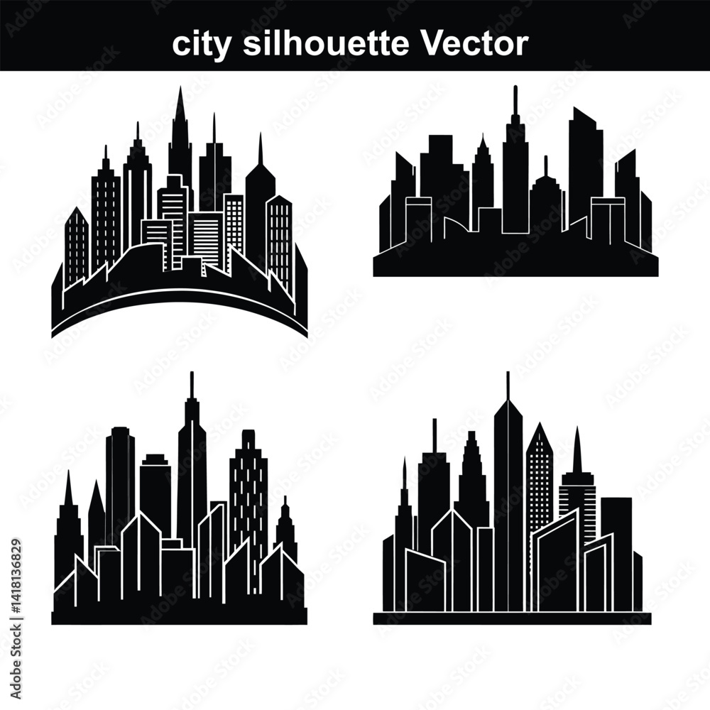 Fototapeta premium This vector illustration showcases a city skyline silhouette, depicting an urban cityscape with various buildings and skyscrapers against a sky.