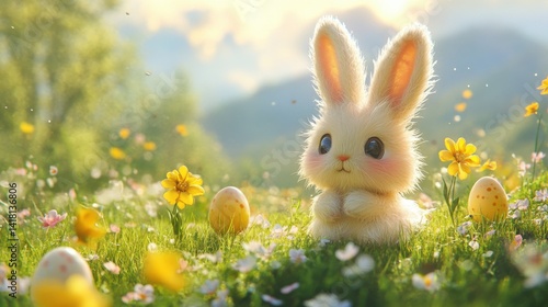 Colorful eggs in meadow