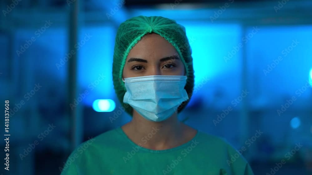 Woman doctor looking on camera while wearing hazmat suit and face mask inside hospital room - Health care and medical concept Woman doctor looking on camera while wearing hazmat suit and face mask inside hospital room - Health care and medical concept