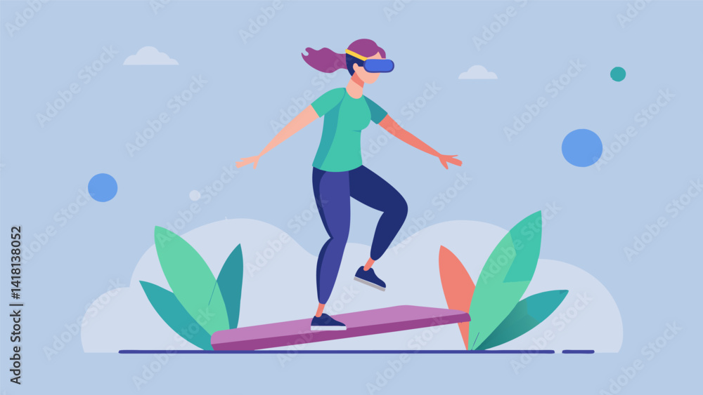 A user stepping onto a balance board while wearing their VR headset completing virtual challenges that increase in difficulty and improve their core. Vector illustration A user stepping onto a balance board while wearing their VR headset completing virtual challenges that increase in difficulty and improve their core. Vector illustration
