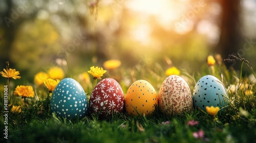 Colorful eggs in meadow