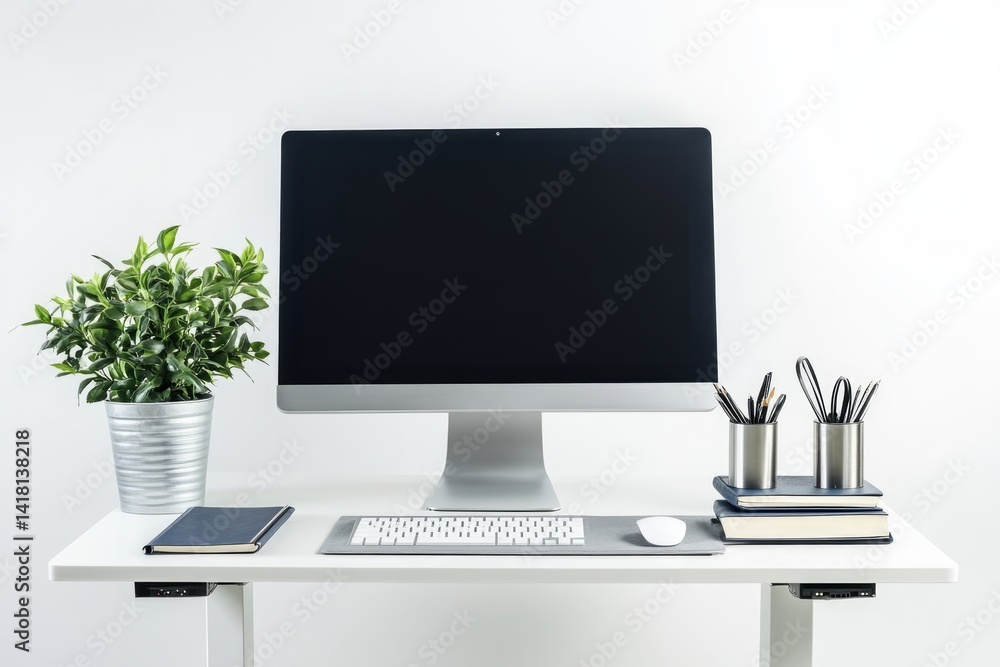 Fototapeta premium Modern minimalist workspace with computer, keyboard, mouse, plant, and stationery on a white desk.