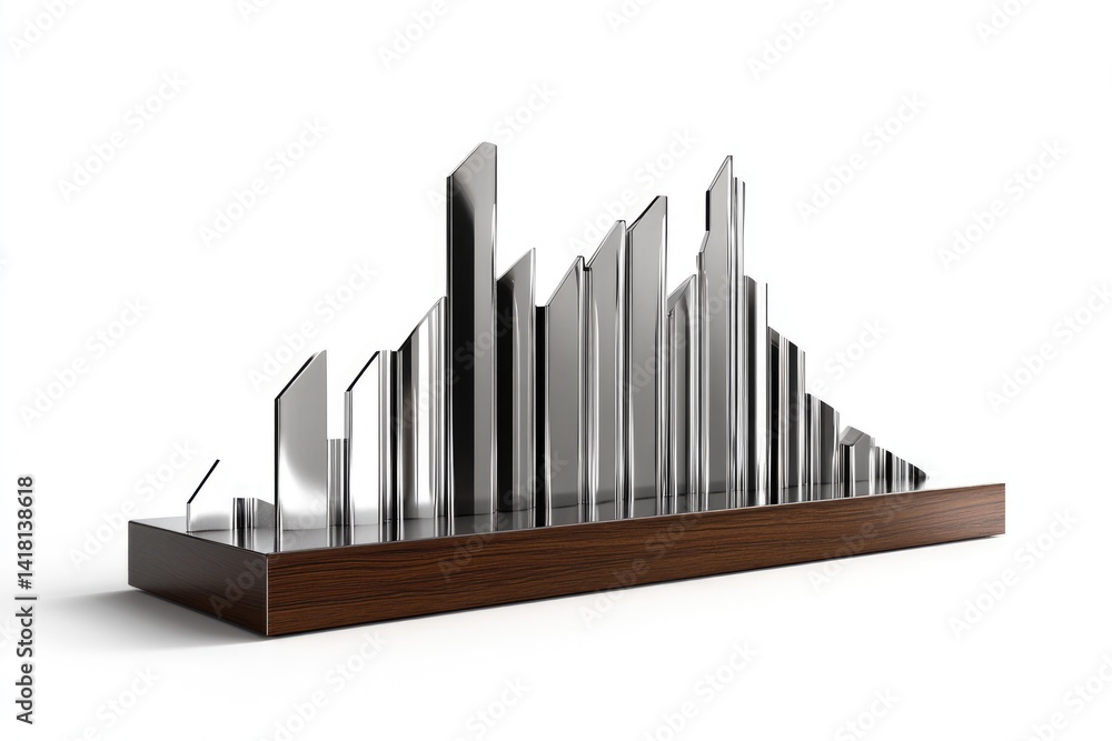 Modern metallic cityscape sculpture on a dark wood base, sleek and minimalist design. Modern metallic cityscape sculpture on a dark wood base, sleek and minimalist design.