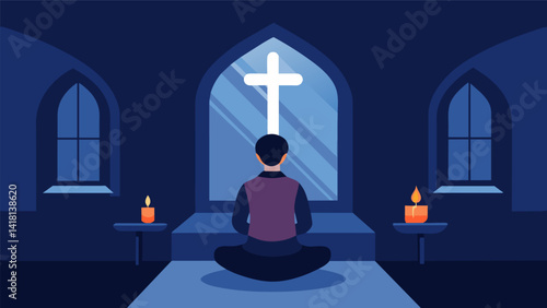 In the absence of noise and distractions a person finds solace in the simplicity of the chapel coed in thought as they nourish their soul.. Vector illustration