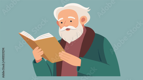 An older gentleman flipping through the pages of a wellworn Bible a look of deep contemplation on his face.. Vector illustration