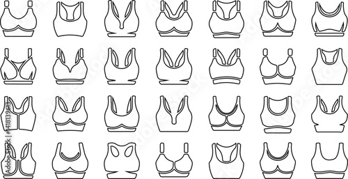 Vector illustration of various types of bras and sportswear with different styles and design variations in a simple, modern outline