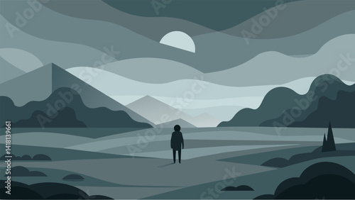 A solitary figure standing in a vast sprawling landscape painted with layers of cool blues and grays symbolizing the feeling of being lost and alone.. Vector illustration