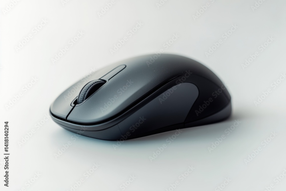 A sleek, black wireless computer mouse rests on a white surface, showcasing its minimalist design. A sleek, black wireless computer mouse rests on a white surface, showcasing its minimalist design.