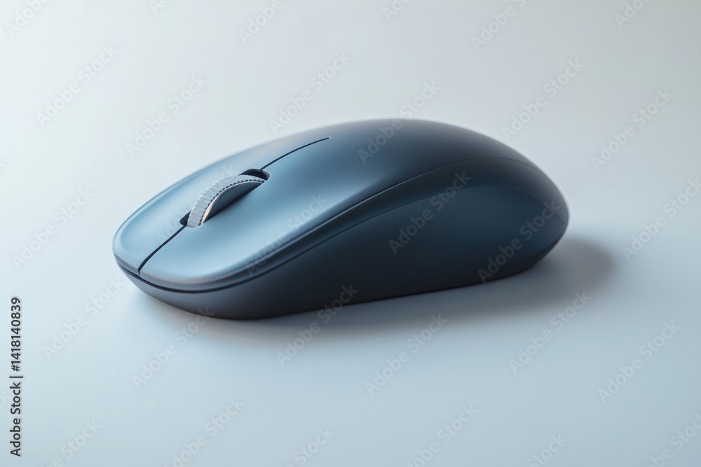 A sleek, dark gray wireless computer mouse sits on a white surface. A sleek, dark gray wireless computer mouse sits on a white surface.