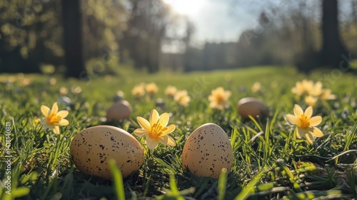 Colorful eggs in meadow
